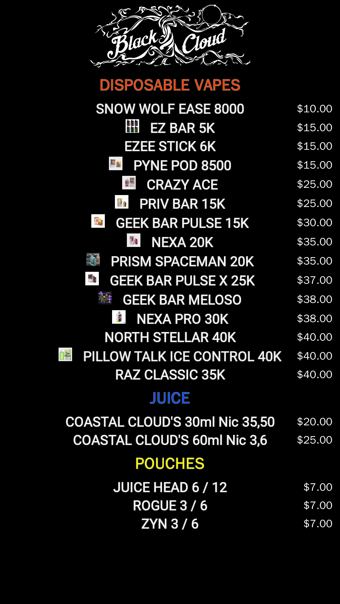 Black Cloud drive-thru menu display (1080×1920 portrait)