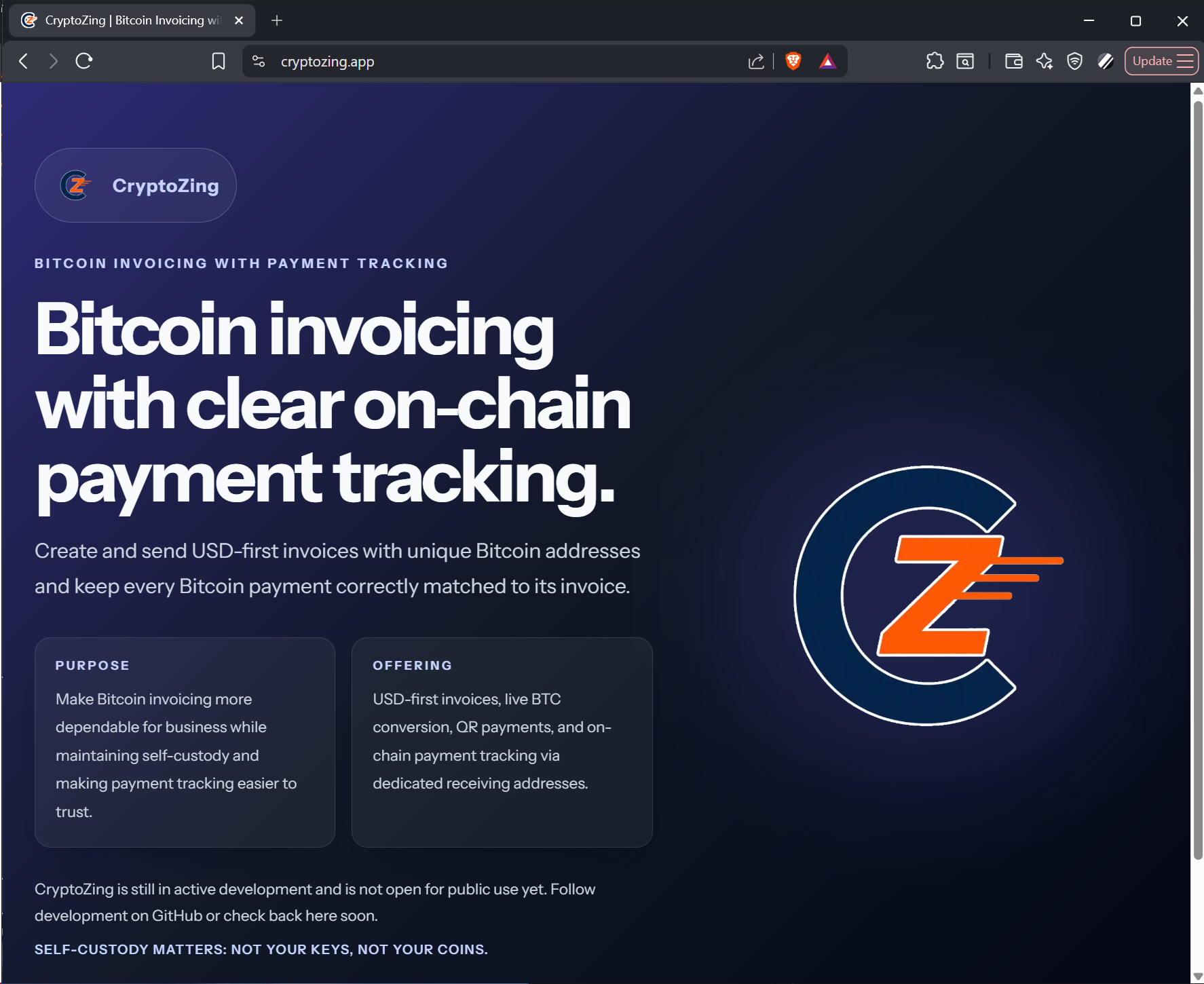CryptoZing landing page: Bitcoin invoicing with on-chain payment tracking and self-custody messaging