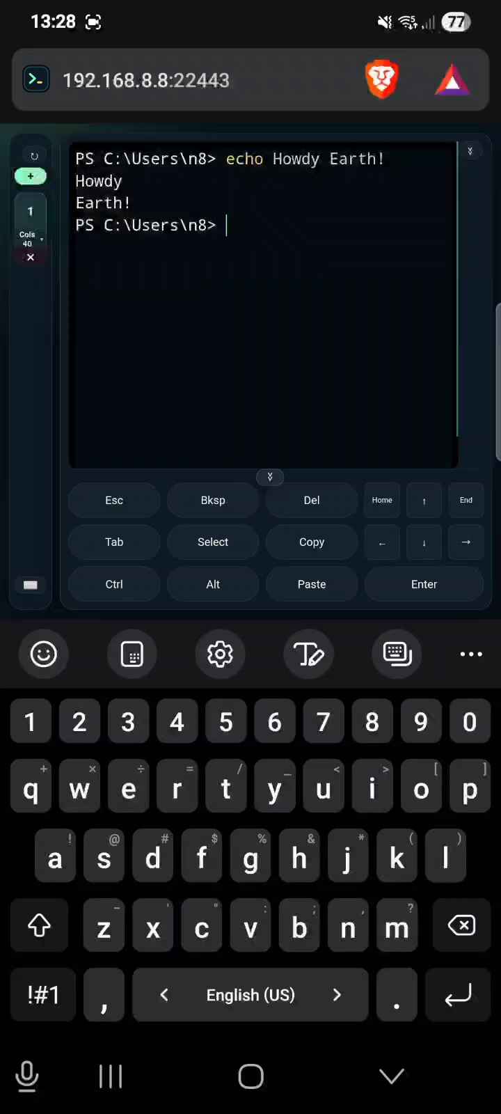 TermiWeb in a phone browser: a live PowerShell session with on-screen terminal control keys above the mobile keyboard