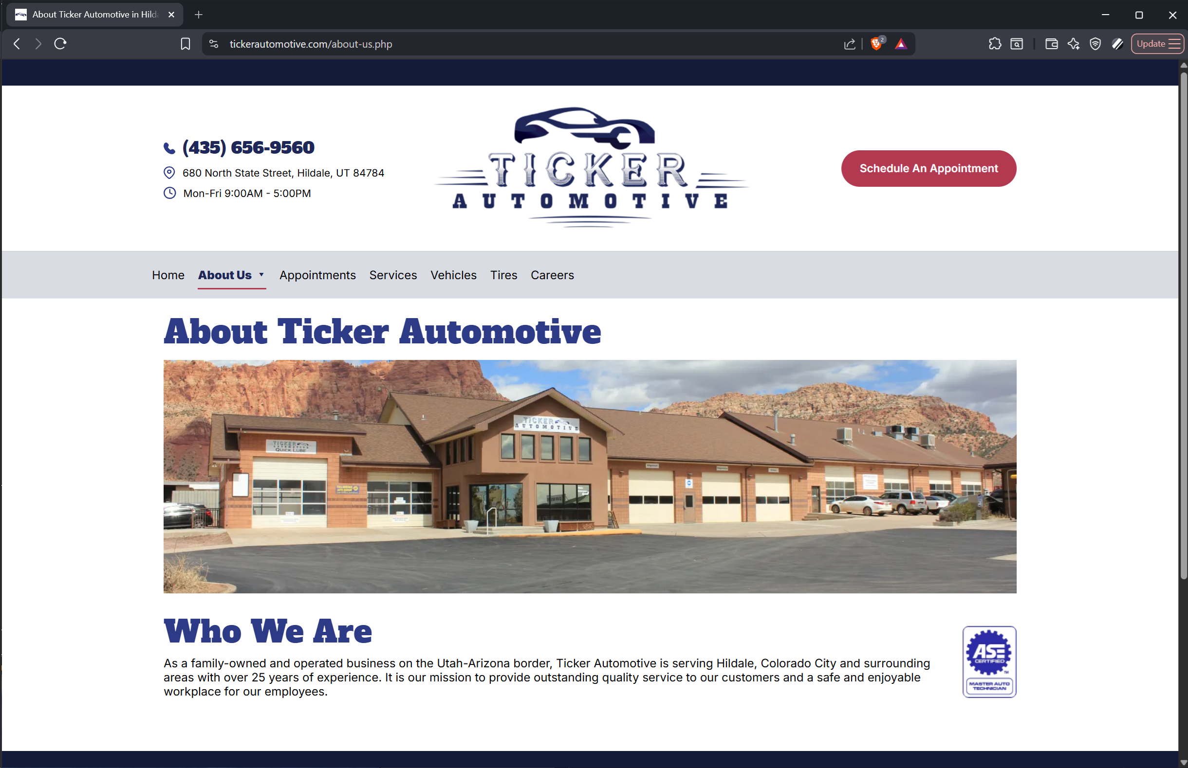 Ticker Automotive website: About Us page with shop photo, services nav, and contact details